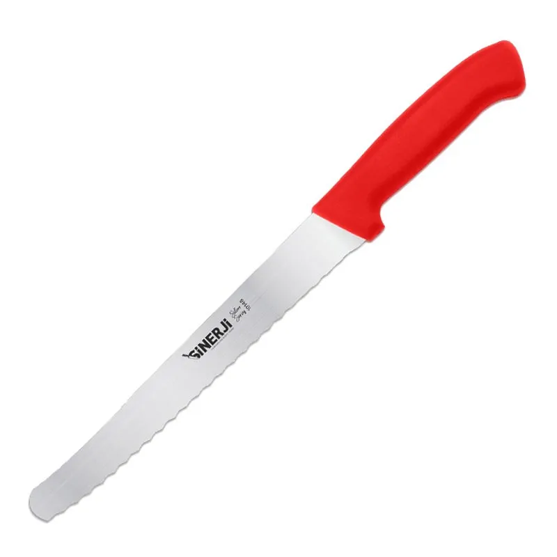 Sinerji Silver Plastik Saplı Büyük Dişli Ekmek Bıçağı, 24 cm, Kırmızı