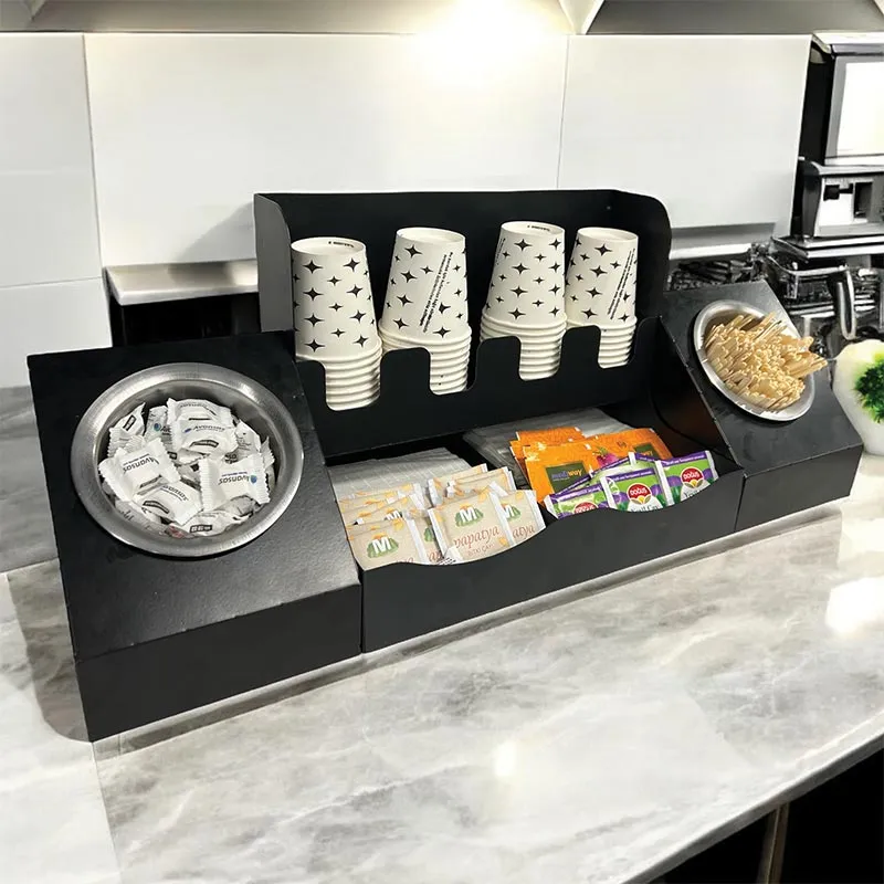 Cafemarkt 4 Bölmeli 16 Oz Karton Bardak 2 Gözlü Karıştırıcı Şeker 2 Bölmeli Çay Standı, Siyah