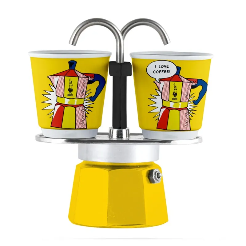 Bialetti Liechtenstein Mini Express Moka Pot, 2 Cup + 2 Espresso Fincanı, Sarı