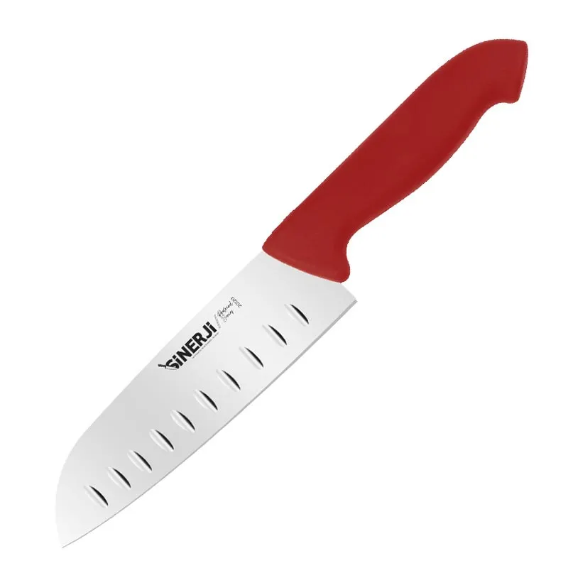 Sinerji Protrend Plastik Saplı Oluklu Santoku Şef Bıçağı, 18 cm, Kırmızı